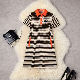 Summer Short Sleeve Lapel Neck Dress Orange / Green Striped Beading Panelled Knee-Length Elegant Casual Dresses 22L256014