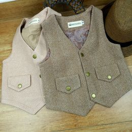 Waistcoat Woollen Tweed Boy Girl Herringbone Pockets Buttons V Collar Vests Kids Baby Infant Toddler Child Youth 230311