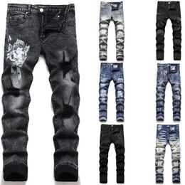 Am designer masculino jeans magros longo hippop adesivo carta bordado magro denim em linha reta streetwear calças magras atacado