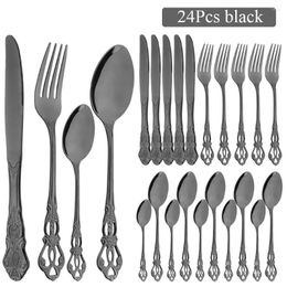 Dinnerware Sets 24Pcs Vintage Silverware Luxury Black Stainless Steel Cutlery Set Knife Spoon Fork Flatware Western Tableware