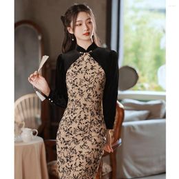 Ethnic Clothing Retro Mandarin Collar Velour Splicing Printed Corduroy Cheongsam Spring Long Sleeve Qipao Chinese Women Dress