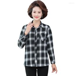 Women's Blouses Women Tops Collared Button Down Shirts Ladies Long Sleeve Plaid Shirt Middle Age Mother 3XL 4XL Clothing