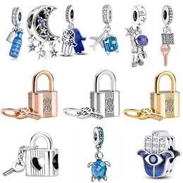 2023 New Popular 925 Sterling Silver Blue Key Lock Pendant Charm Is Suitable for Primitive Pandora DIY Women's Bracelet Fashion Jewellery Accessories