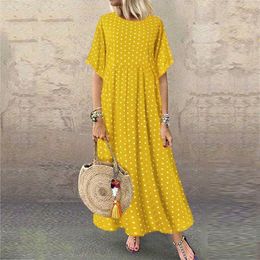Casual Dresses Summer Casual Loose Bohemia Beach Maxi Dress For Woman 2021 Fashion Polka Dot Print Short Sleeve Elegant Ladies Midi Dresses G230311