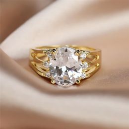 Wedding Rings Big Oval Stone White Zircon For Women Jewellery Vintage Fashion Yellow Gold Crystal Engagement Ring Valentines Gift