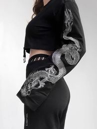 Women's Hoodies Sweatshirts 2023 Dark Mall Gothic Dragon Print Women Crop Tops Grunge Aesthetic Punk Black Loose Fashion Streetwear Alt Clothes 230311