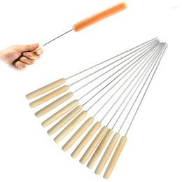 Dinnerware Sets Stainless Steel BBQ Sticks With Wooden Handle Outdoor Picnic Kebab Stickers Tools Camping Roast Needle Cookware 6/12pcs