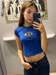 Women's T-Shirt Crop Top Y2K Tops Letter Print Tshirt O Neck Short Sleeve Baby Tees Women Clothes Basic Blue 90s Causal Streetwear Black T Shirt 230311