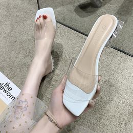 Slippers 2023 Women Slides 4cm High Heels Transparent PVC Mules Summer Sandals Lady Square Block Clear Med Casual Shoes