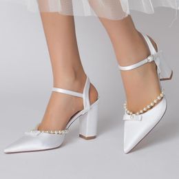 Dress Shoes Pointed Toe Lady Satin Evening Thick Block Heels With Pearls Chain Ankle Strap Slingback Bridal Wedding Party Prom