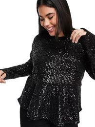 Women's Blouses Shirts Plus Size Elegant Fashion Summer Spring Sequin Black Women Peplum Blouse Work Office Long SleeveTop Large Size 6XL 7XL 8XL 230311