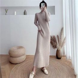 Casual Dresses Autumn Winter Women Long Sweater Dress Fashion Half High Collar Knitted Elastic Loose Lady Warm Dresse Elegant