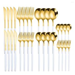Dinnerware Sets White Gold Cutlery Set Stainless Steel 32pcs Knife Fork Spoon Fruit Kitchen Tableware Flatware Wholesale