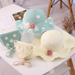 Hats 2 Pcs/Set Children Summer Straw Daisy Woven Sunshade Hat Handbag Suit Kid Baby Girl Flower Visor Sun Cap Pography Props