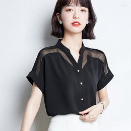 Women's Blouses Black Stitch Blue Chiffon Korean Fashion Summer Women'S Clothing Vintage Shirts Top Vetement Femme 2023 Female