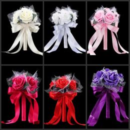 Decorative Flowers & Wreaths Six Heads Foam Roses Silk Ribbon Bouquet Handmade Rhinestone Diamante Bridal Bridesmaid Brooch Wedding Decor 7