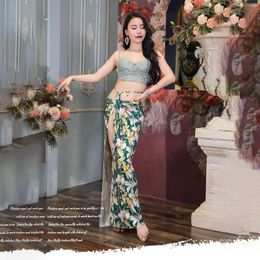 Stage Wear Sexy Belly Dance Costume Practice Print Mesh Skirt Set Oriental Bra&Split Dress Suit