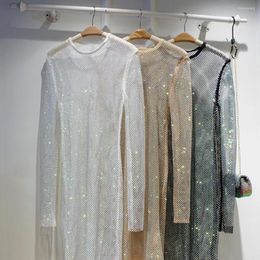 Casual Dresses Sxy Diamonds Long Sleeve Mini Above Knee Dress Women Mesh Shiny Crystal Elastic Fishnet Streetwear Night Club