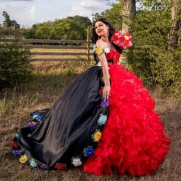 2023 Charro Black And Red Quinceanera Dresses 3D Floral Applique Prom Gowns Vestido De 15 Anos Girs 16 Birthday Wear