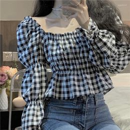 Women's Blouses HOUZHOU Korean Style Plaid Shirt Top Women Square Collar Shirring Elastic Long Sleeve Vintage Cute Crop Spring 2023