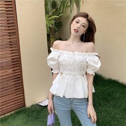 Women's Blouses Design Sense Of Waist One-shoulder Shirt Summer Temperament Bubble Sleeve Pleated Short White Top Fashion Blouse