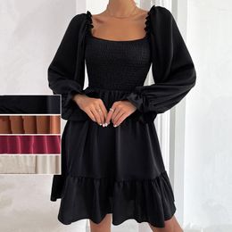 Casual Dresses 2023 Solid Elegant Dress Women Korean Princess High Waist Sweet Female Party Long Sleeve Midi Fairy