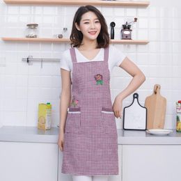 Women's Jumpsuits & Rompers 2023 Cotton Apron Oil Resistant Cleaning Kitchen Home Uniforms Bakery Linen Plaid With 2 Large Pockets