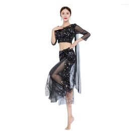 Stage Wear Belly Dance Suit Short Sleeves Top Split Skirt Women Dancing Practise Clothes Oriental Elegant Performance