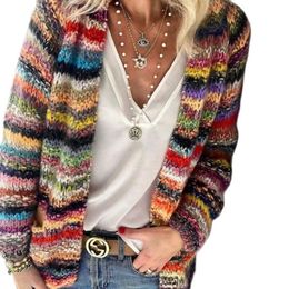 Women's Knits Tees Spring Women Cardigan Elegant Multicolor Print Knitted Sweater Long Sleeve Coat Tops Ladies Casual Pocket Sweaters 230311
