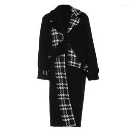 Women's Trench Coats SuperAen Autumn And Winter Woolen Cloth Splicing Black White Jacquard Color Contrast Coat For Women