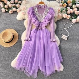 Casual Dresses Clothland Women Knitted Mesh Dress Ruffled Collar Beading Pearl Sequined Patchwork Sweet Midi Vestido Mujer QB637