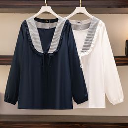 Women's Blouses Shirts 150Kg Plus Size Women's Bust 151 Autumn Loose Long-Sleeved Striped Doll Collar Shirt White Blue 5XL 6XL 7XL 8XL 9XL 230311