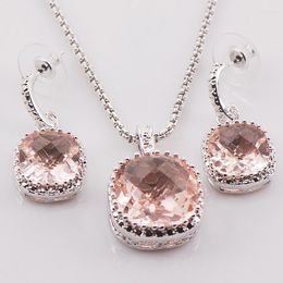 Necklace Earrings Set Morganite Woman 925 Sterling Silver Crystal Pendant Earrings440