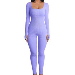 Women Yoga Jumpsuits Workout Outfit Square Neck Ribbed Long Sleeve Sport Jumpsuits Dance wear Clothing