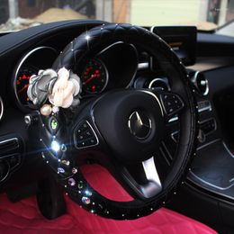 Steering Wheel Covers Flower Crystal Diamond Universal Car Cover Styling Leather Steering-wheel Cases For Women Girls Accessories