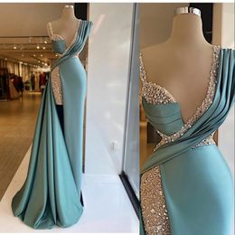 2023 Prom Dresses Arabic Sexy Turquoise Mint Sequined Lace Deep V Neck Illusion Crystal Beads High Side Split Floor Length Satin Mermaid Party Evening Gowns