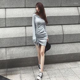 Casual Dresses Women Fall Fashion Sheath Dress Sexy Drawstrings Solid Hooded Bodycon Female Slim Long Sleeve Grey Tide Streetwear