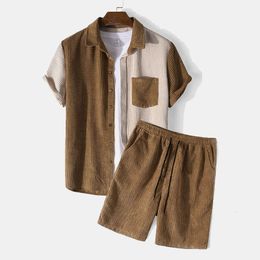 Men s Tracksuits Corduroy Set Summer Patchwork Short Sleeve Lapel Button Colorblock Shirt and Shorts Streetwear Clothing 2 Piece Suit 230311