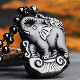 Pendant Necklaces Elephant Natural Black Obsidian Jade Necklace Chinese Hand-Carved Fine Charm Jewellery Amulet Accessories For Men Women