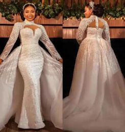 Mermaid Wedding 2023 Dresses Bridal Gown Beaded Long Sleeves With Overskirt High Collar Custom Made Vestidos De Novia Plus Size
