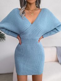 Casual Dresses 2023 Autumn And Winter Sexy Cross V-neck Bat Skirt Bag Hip Dress Sweater High Quality Women's