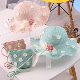 Hats 2Pcs Baby Summer Accessories Sweet Girls Kids Sun Flower Hat Straw Woven Beach Protect Caps Bonnet Toddler Pography Props