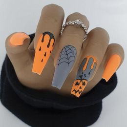 False Nails 24pcs Halloween Fake Long Ballerina Coffin Spiders Crystal Full Cover DIY Press On Nail Tip