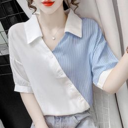 Women's Blouses Office Lady Elegant Fashion Polo-Neck Striped Splicing Button Designer Shirts Women Korean Top Chic T-Shirt Summer 2023