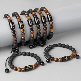 Strand Beads Braided Bracelet Natural Lava Stone Tiger Eye 26 Alphabets Pendant Bracelets Men Women Adjustable Charm Jewellery