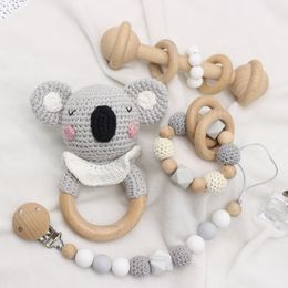 Baby Teethers Toys DIY Crochet Elephant Baby Teether BPA Free Silicone Beads Teething Bracelet Baby Pacifier Clip Rodents Wooden Baby Rattle Toys 230311