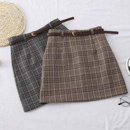 Skirts Retro Plaid Skirt Women A-Line Short 2023 Autumn Korean High Waist Mini Office Lady Bodycon Hip With Belt