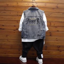 Waistcoat Boys Fashion Jacket Jean Kids Fall Clothes For Teenage Vest Turndown Collar Streetwear Hip Hop Denim 230311