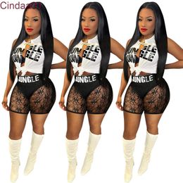 Sexy Sportwear Women Two Piece Lace Perspective Shorts Set Fashion Cardigan Letter Printed T-shirt Irregular Split Outfits