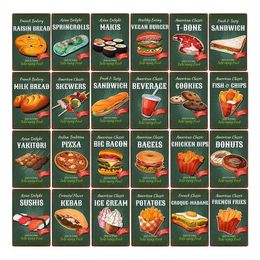Fast Food service Tin plate Desserts Shop Poster Hamburger Bread Metal Sign Iron Painting Decor For Restaurant Plate Personalised Plaques Art Sign Size 30X20CM w02